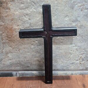 Handmade Rustic Metal Frame Inlay Over Wooden Cross Crucifix